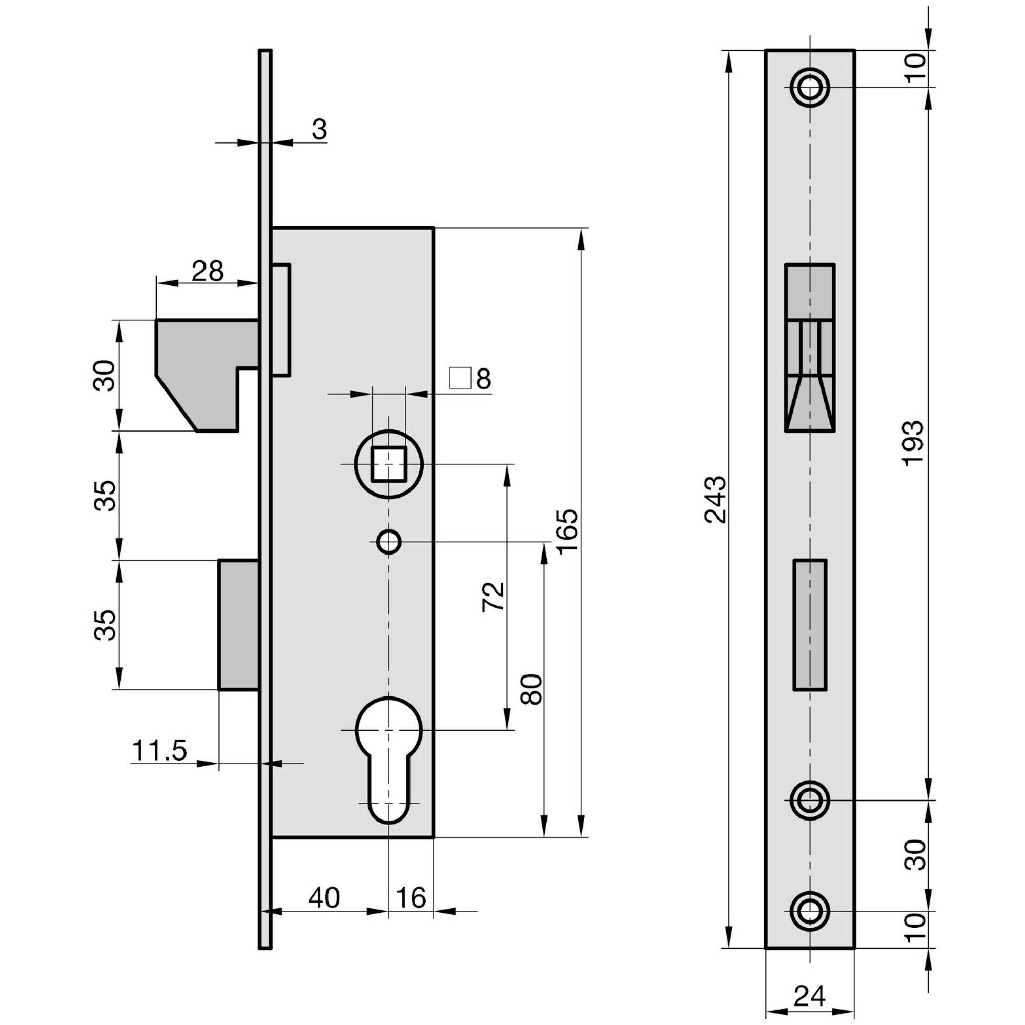 Technische Zeichnung eines Türschlosses mit Abmessungen in Millimetern, zeigt Seiten- und Draufsicht. Wichtige Abmessungen umfassen eine Höhe von 193 mm und eine Länge von 243 mm.
