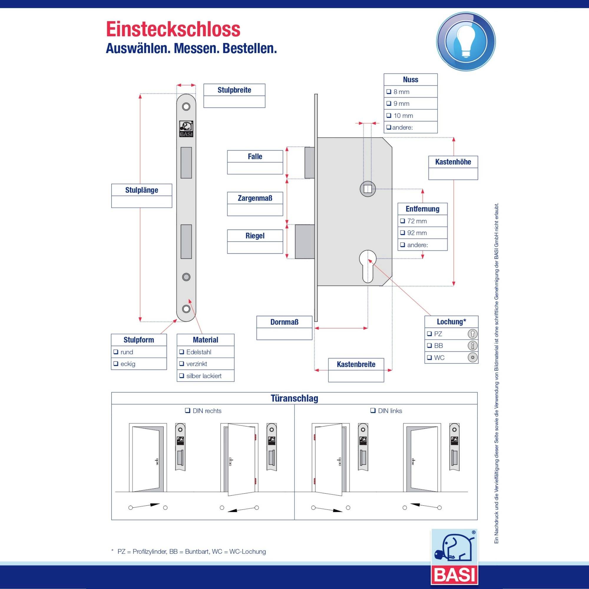 'Einstemmschloss-Diagramm mit Strukturteilen: Falle, Riegel, Dornmaß. Türenvarianten: DIN links/rechts. Details zum Ausmessen.'