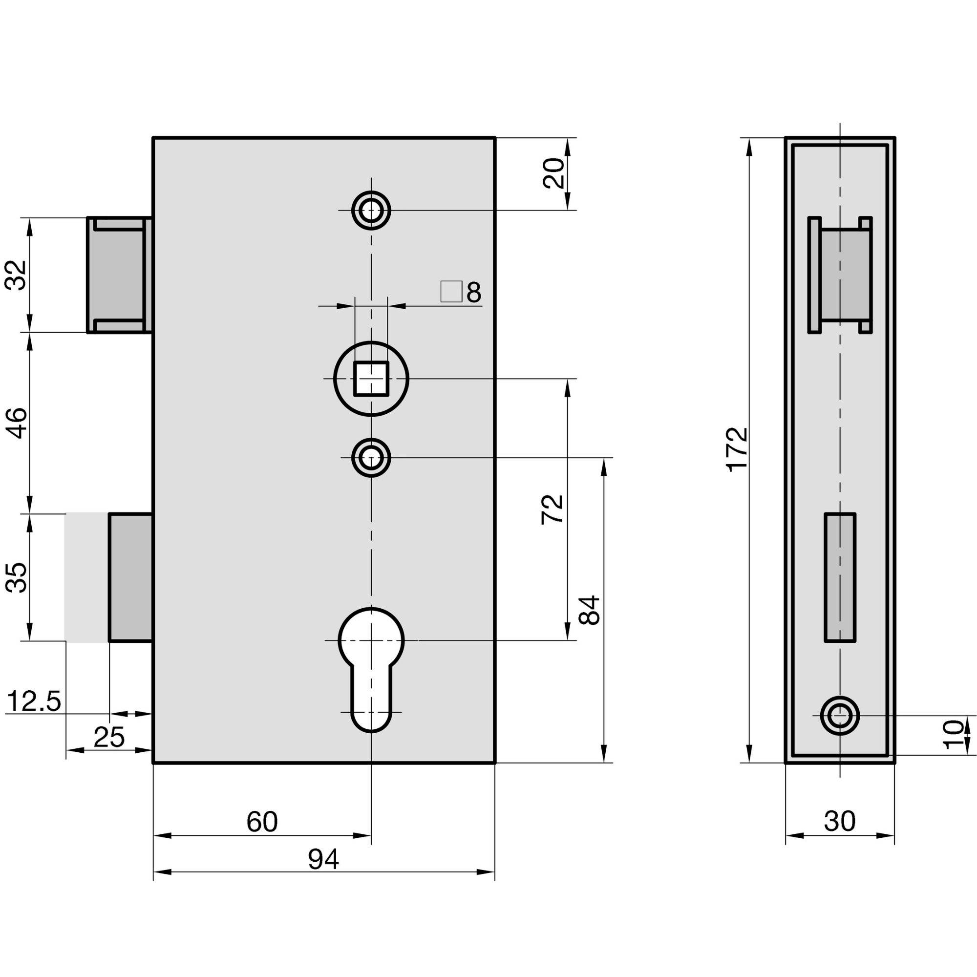 Technische Zeichnung eines Schlossmechanismus mit Vorder- und Seitenansicht, die Abmessungen einschließlich Breite, Höhe und verschiedener Komponentenmessungen zeigt.