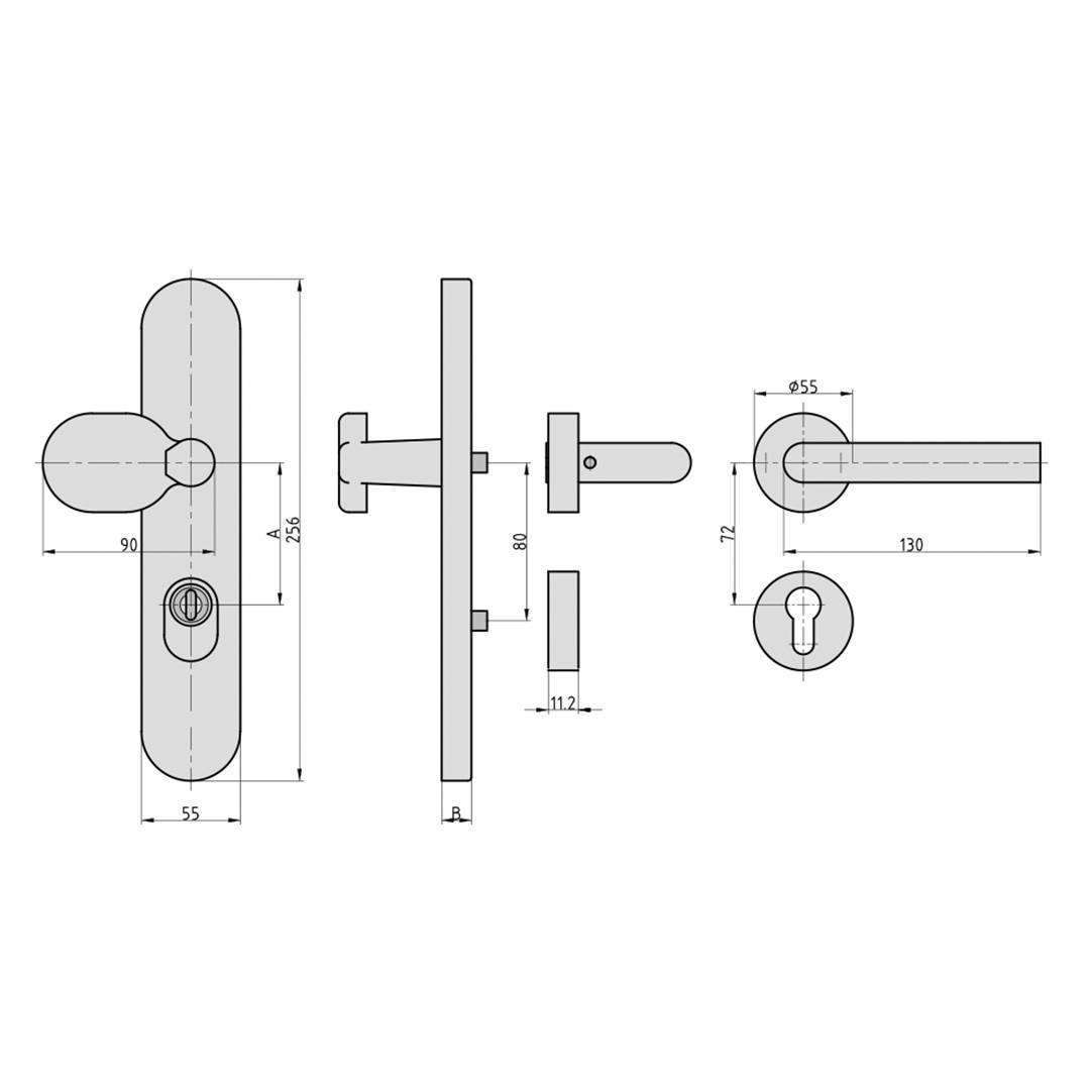 Technische Zeichnung eines Türgriffs mit Schlüsselloch. Zeigt Seiten- und Frontansicht mit Maßen: 256mm hoch, 55mm breit.