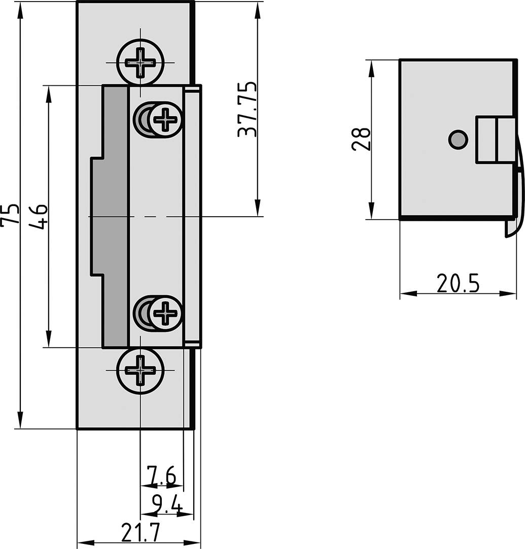 Technische Zeichnung eines elektrischen Türöffners mit Maßangaben in Millimetern. Hauptansicht zeigt Befestigungslöcher und Anschlüsse.