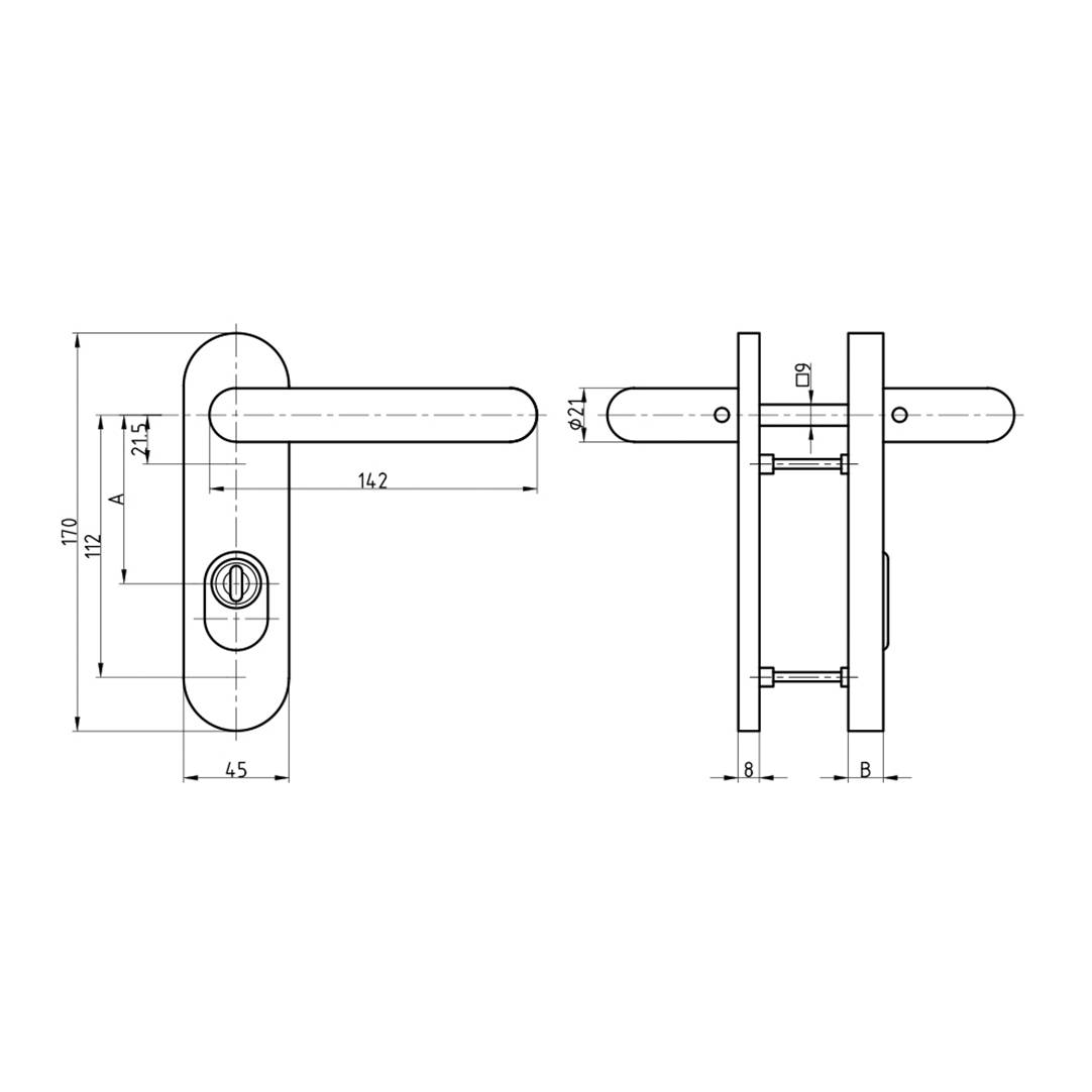 Technische Zeichnung eines Türgriff-Sets. Links: Draufsicht mit Maßen; rechts: Seitenansicht. Maße für Montage angegeben.
