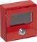 Rotes Metallkasten mit Sichtfenster und Schlüsselloch unten, typisch für Notfallschlüssel oder Alarmauslöser.