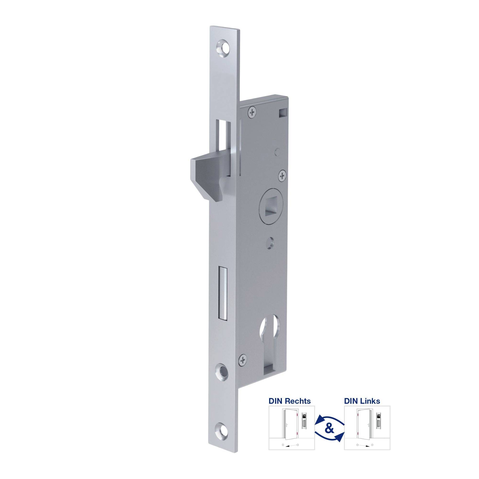 Silbernes Einsteckschloss mit seitlichem Riegel. Text unterscheidet DIN rechts und links Position.