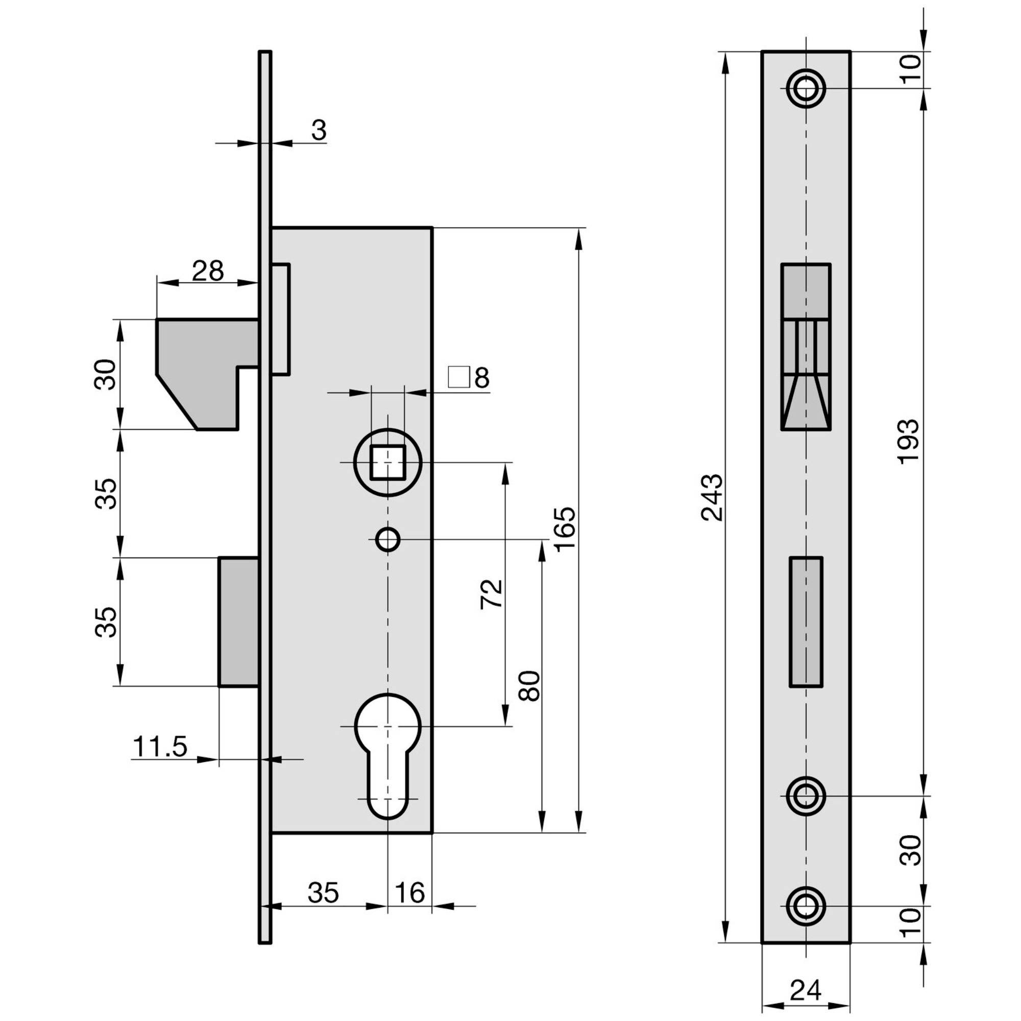 Technische Zeichnung eines Einsteckschlosses mit Abmessungen in Millimetern. Vorder- und Seitenansichten zeigen spezifische Messwerte und die Positionierung des Schlüssellochs.
