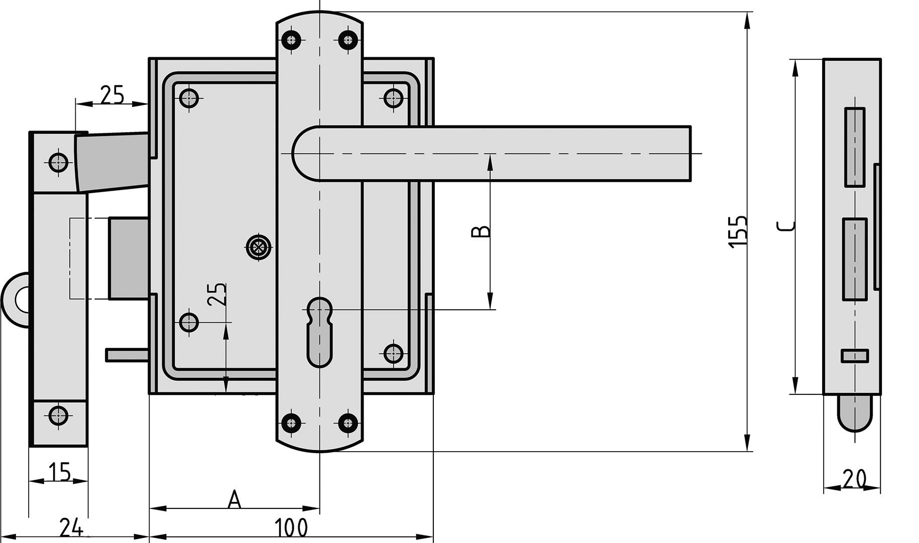 Technische Zeichnung eines Türschlosses mit Hebelgriff und Gehäusedeckel, inklusive Maßangaben in Millimetern.