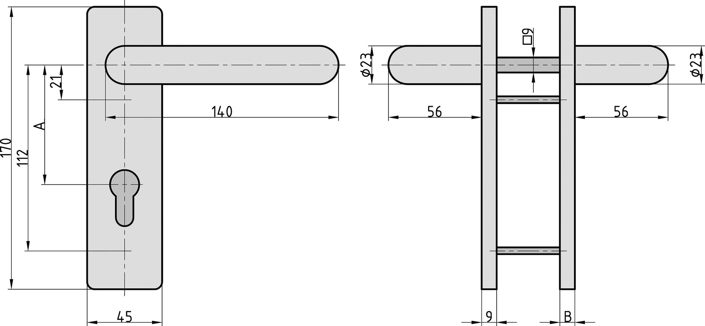 Türgriff-Schema mit technischen Maßen: Höhe 172 mm, Breite 45 mm. Schraublöcherabstand 56 mm, Klinkenlänge 140 mm.