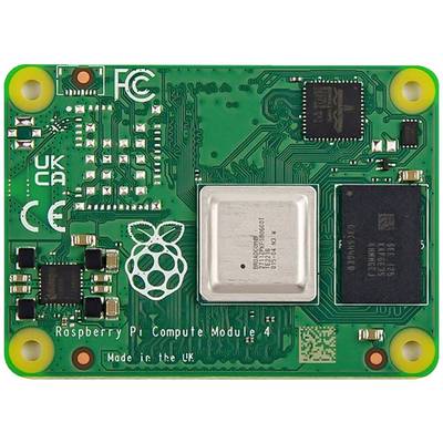 Raspberry Pi Compute Module 4; grüne Leiterplatte mit weißen Anschlüssen und silbernem Chip; Logos und Aufschrift 'Made in the UK'.