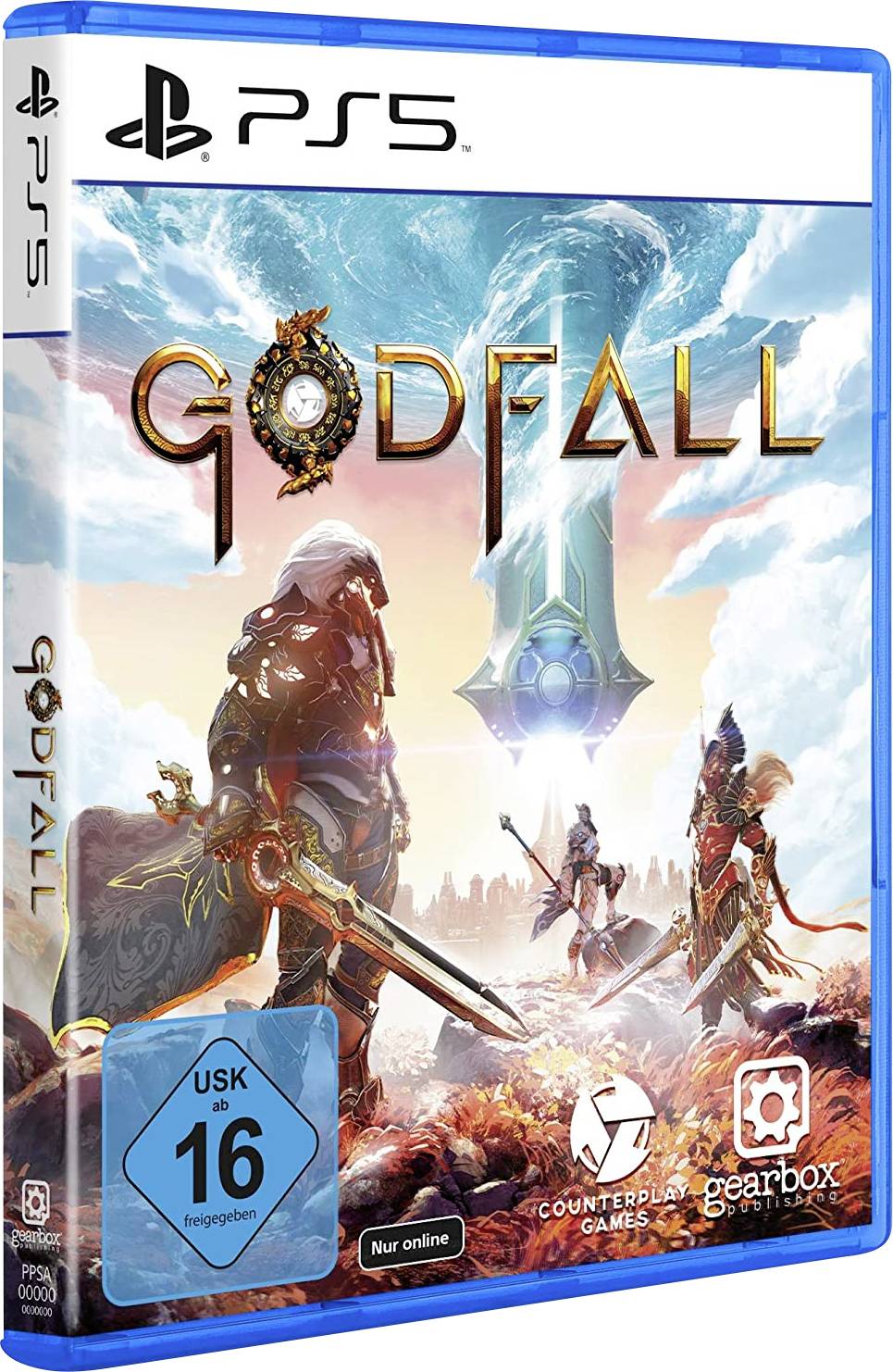 PS5-Spielverpackung von 'Godfall'. Zwei gepanzerte Krieger in einer Fantasy-Welt. USK 16. Nur online. Logos von Counterplay Games und Gearbox.
