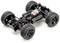 Ein kleines, ferngesteuertes Auto-Chassis mit sichtbarem Motor und großer Reifenaufhängung, geeignet für Offroad-Fahren.