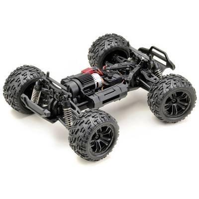 Ferngesteuertes Auto ohne Karosserie, zeigt den Motor, die Aufhängung und große geländetaugliche Reifen. Geeignet für Offroad.