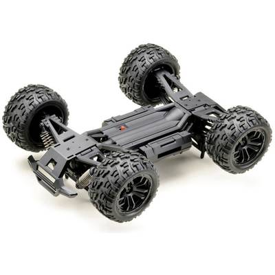 Ein schwarzes ferngesteuertes Auto ohne Karosserie, zeigt robuste Reifen und Federung, geeignet für Offroad-Fahrten.