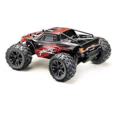 Ein ferngesteuertes Auto mit großem Profilreifen und roter, schwarzer Karosserie. Das Design zeigt dynamische Rennstreifen.
