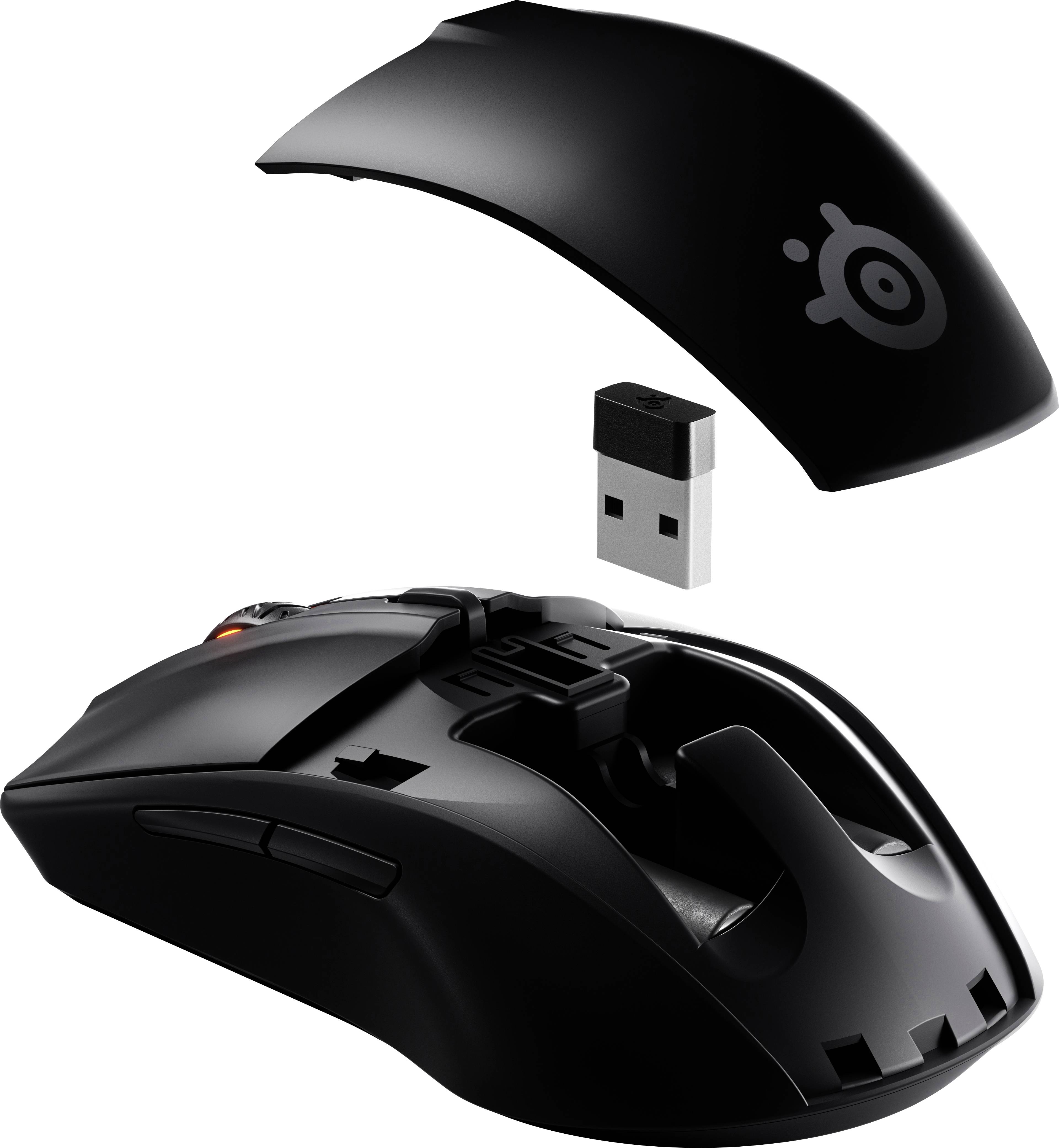 Kabellose Gaming-Maus mit abnehmbarer Oberschale und USB-Dongle, schwarzes Design, geeignet für PC-Spiele.