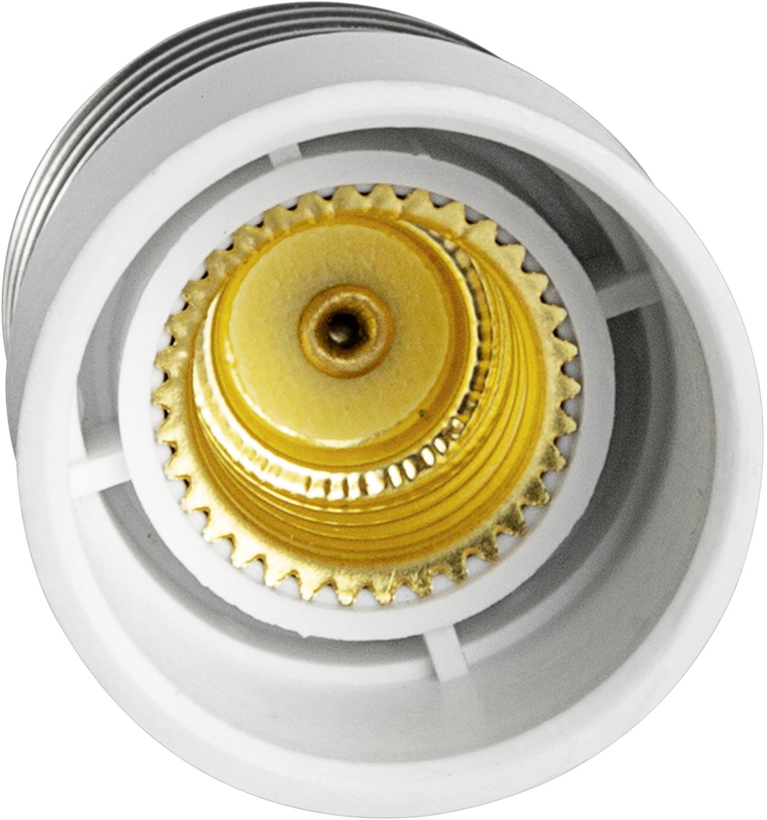 Eine Nahaufnahme eines Schraubverschlusses, hauptsächlich aus Metall, mit einer goldfarbenen Kappe in der Mitte.