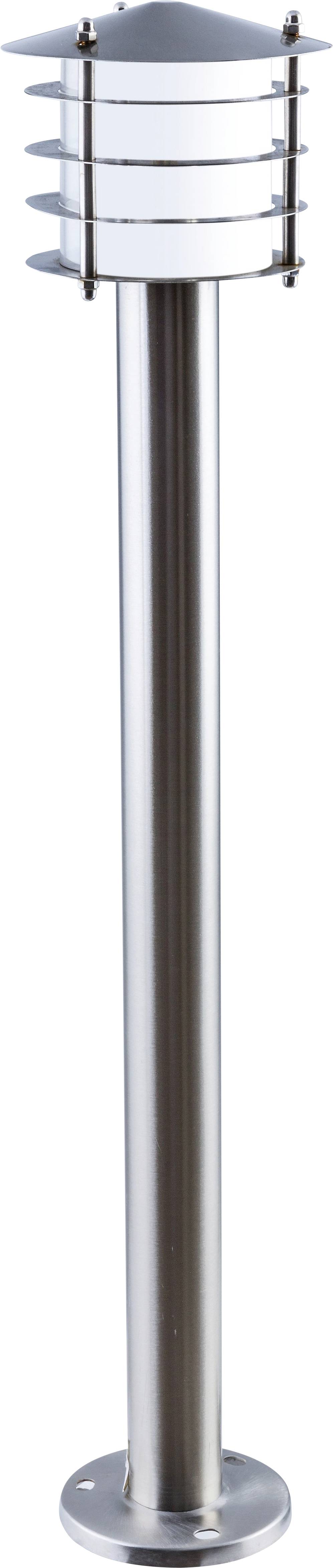 Außenleuchte mit Edelstahlgehäuse, rundem Sockel und fünf übereinanderliegenden horizontalen Lamellen zur Lichtstreuung.