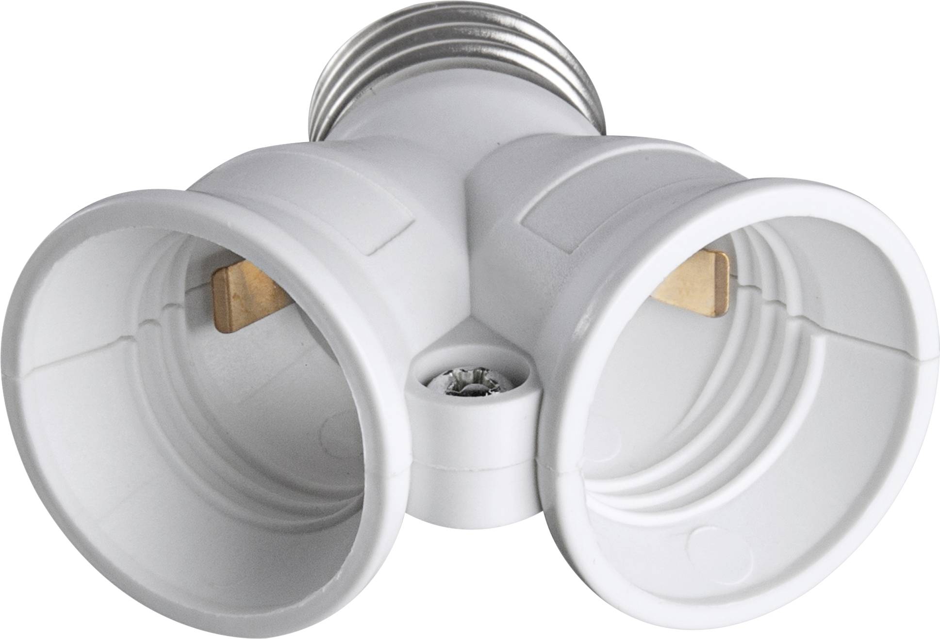 Ein weißer Lampenadapter mit zwei E27-Fassungen, der eine einzelne Glühbirnenfassung in zwei Fassungen umwandelt.