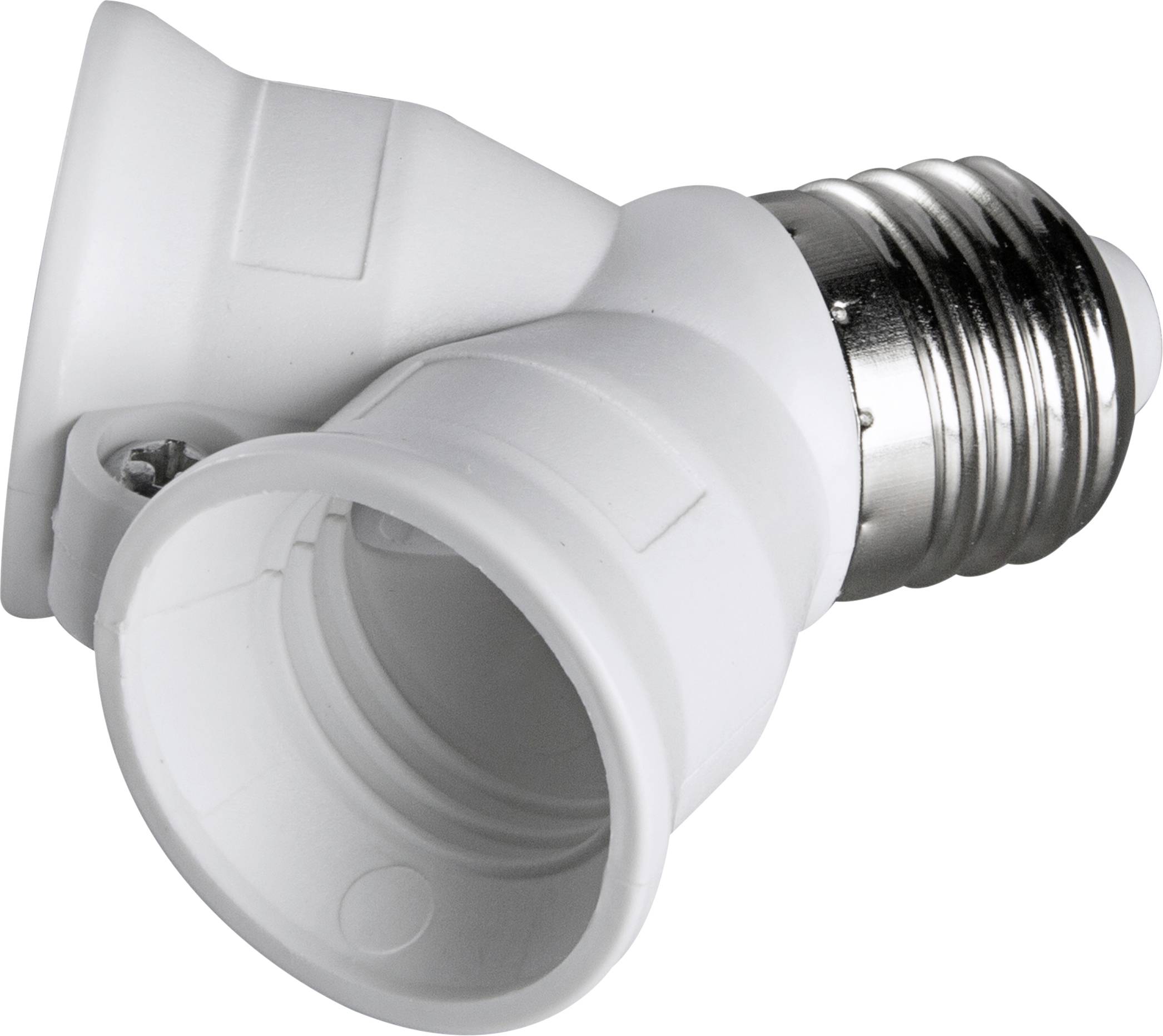 Eine weiße Glühbirnenfassung mit E27-Gewinde, in einem Winkel von 90 Grad, zur Aufnahme einer zweiten Glühbirne.