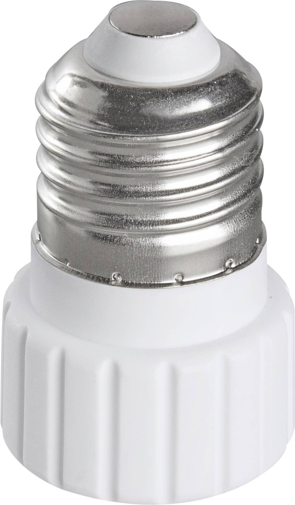 Ein Adapter mit E27-Gewinde oben und Basis für E14-Glühlampe unten. Verwendet zum Anschluss kleinerer Lampen an größere Fassungen.