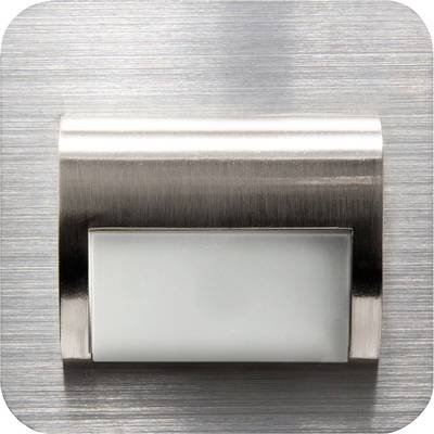 Eine moderne, rechteckige Wandleuchte aus gebürstetem Metall mit einem weißen, milchigen Lichtpaneel.