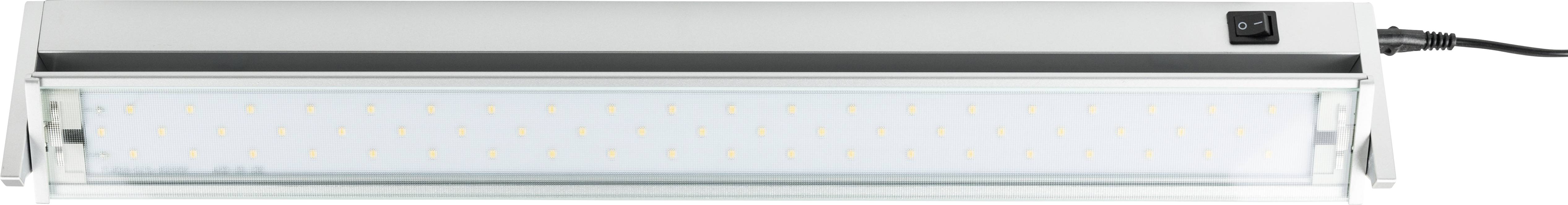 Ein rechteckiges LED-Licht mit vielen kleinen Leuchtpunkten auf einer weißen Fläche. Es hat ein silbernes Gehäuse und ein Netzkabel.
