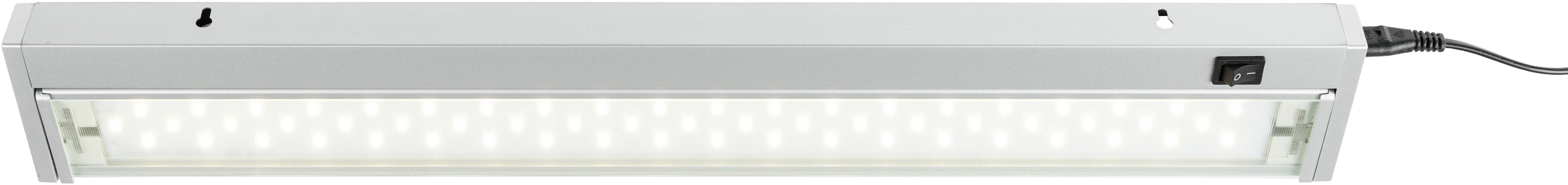 Langes, rechteckiges LED-Licht mit silbernem Gehäuse, das eingeschaltet ist. Stromkabel an der rechten Seite.