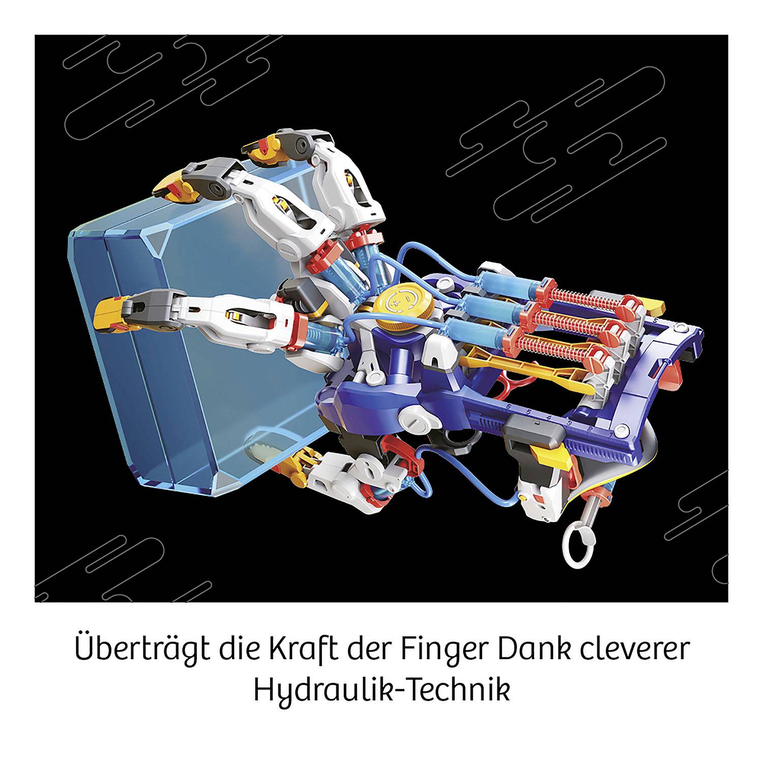 Ein technisches Gerät, das mit Hydraulik-Technik arbeitet, visualisiert die Übertragung von Fingerkraft.