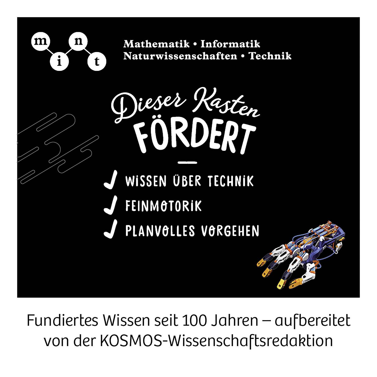 Kasten fördert: Wissen über Technik, Feinmotorik, planvolles Vorgehen; abgebildet ist ein Modellfahrzeug.