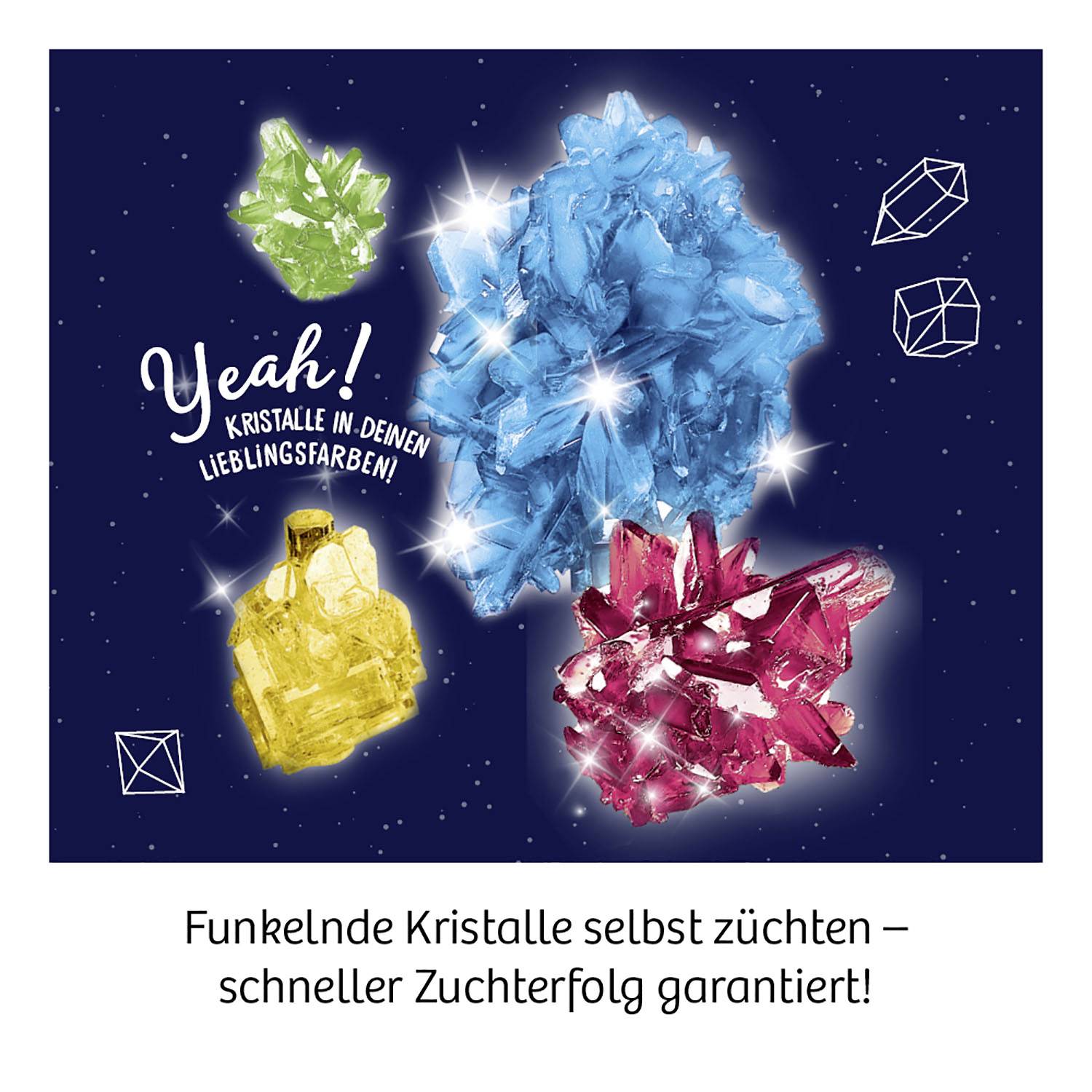 Bunte Kristalle in Grün, Blau, Gelb und Rot leuchten auf dunkelblauem Hintergrund. Text: 'Yeah! Kristalle in deinen Lieblingsfarben!'