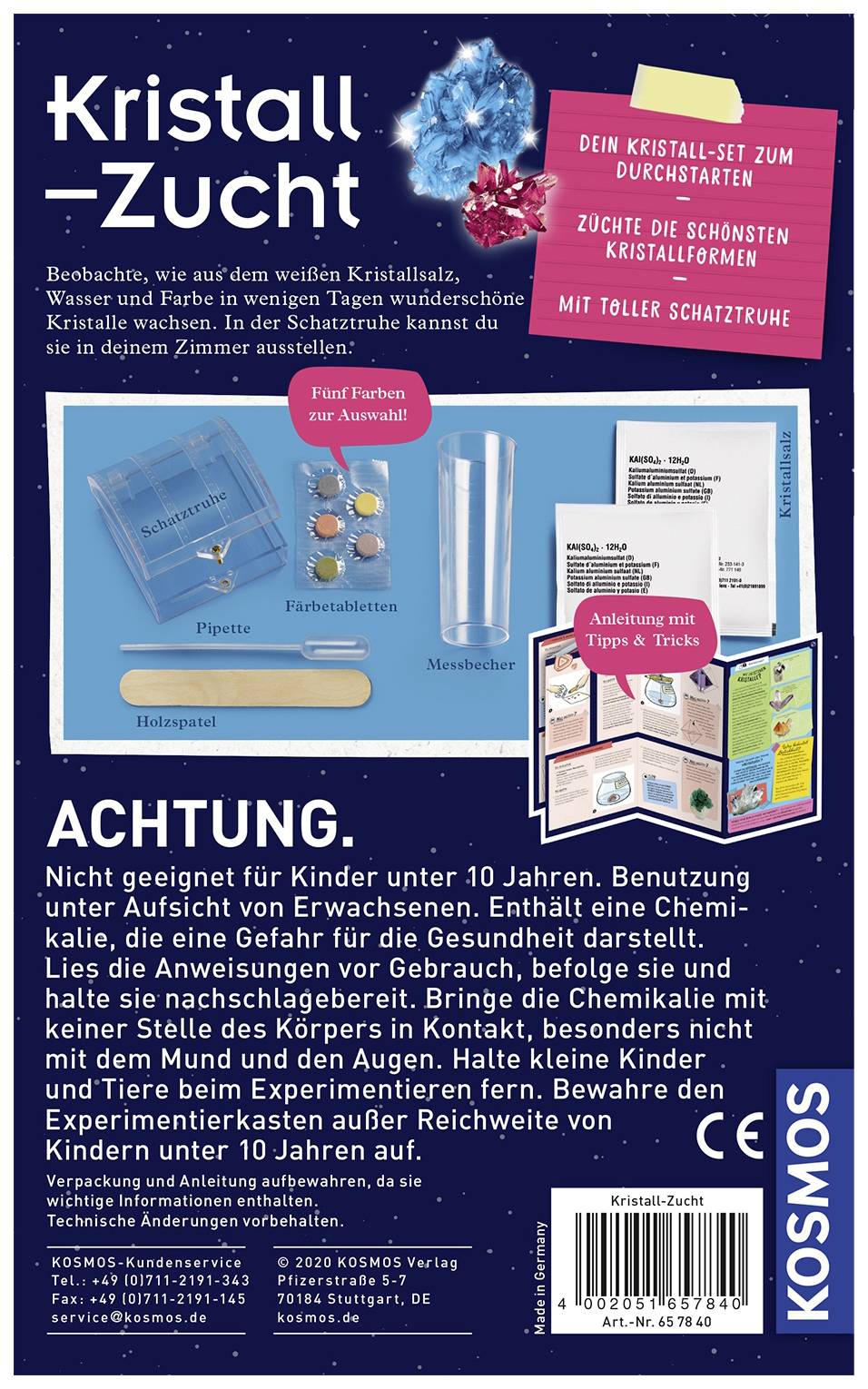 'Kristall-Zucht Kit: Enthält Kristallsalz, Wasser, Farbe, Schatztruhe. Warnung: Nicht für Kinder unter 10 Jahren geeignet.'