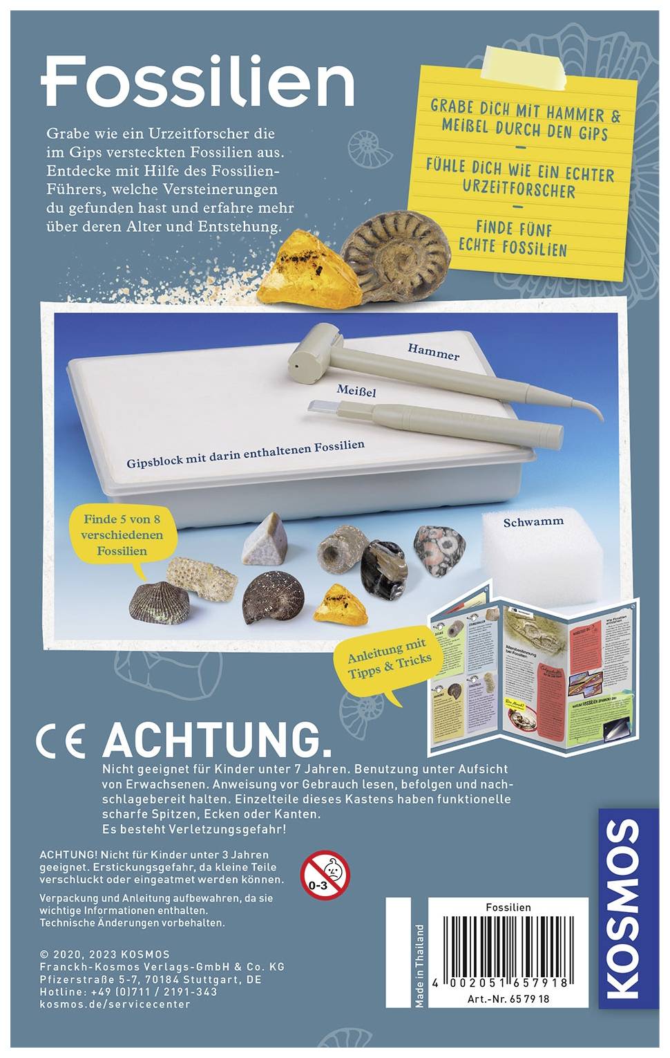 'Fossilien'-Bauset für Kinder. Enthält Hammer, Meißel und Gipsblock mit fünf Fossilien. Warnung: Nicht für Kinder unter 7 Jahren geeignet.