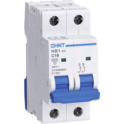 Ein blauer zweipoliger Leitungsschutzschalter mit der Aufschrift 'NB1-63 C16' und Spezifikationen '400V', '6000', 'IEC/EN60898-1'.