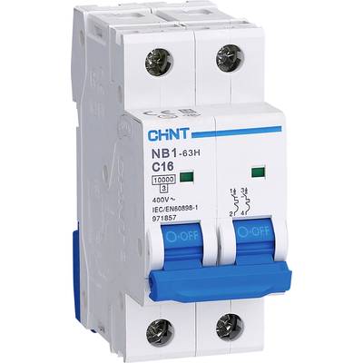 Ein blauer zweipoliger Leistungsschalter von CHINT. Modell NB1-63H, 400V, 16A. Zeigt Schalterpositionen 'ON' und 'OFF'.