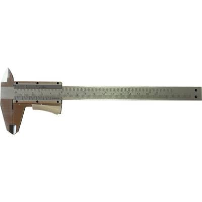 Ein Messschieber aus Metall mit Skala, der präzise Messungen von Objekten ermöglicht. Skala in Zentimetern und Millimetern.