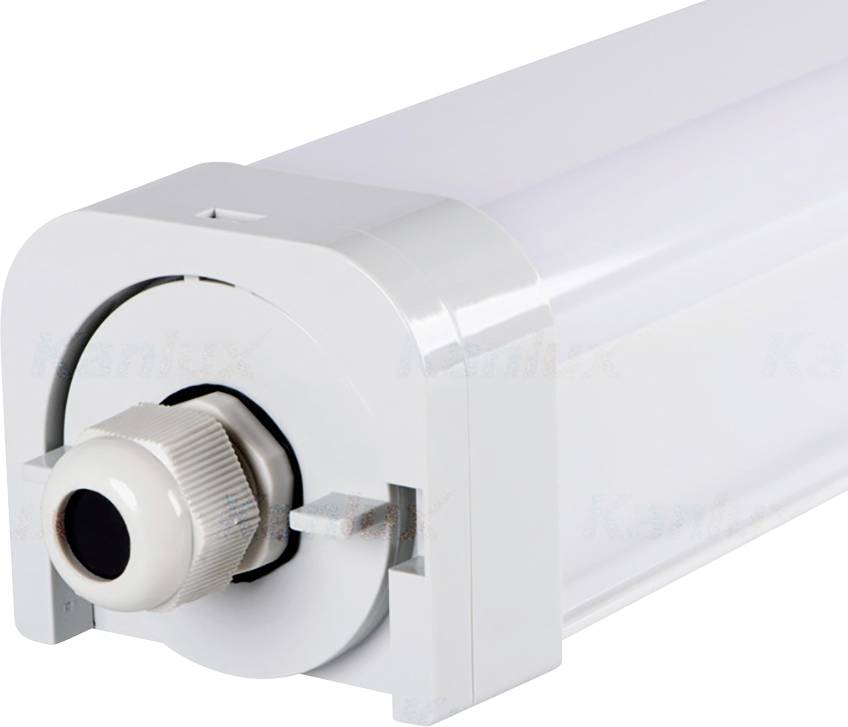 Weiße LED-Leuchte in Nahaufnahme, zeigt den Anschlussbereich auf der linken Seite, geeignet für industrielle oder gewerbliche Beleuchtung.