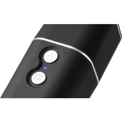 Schwarzes elektronisches Gerät mit zwei runden Knöpfen, einem blauen LED-Licht und einem Kamera-Symbol auf einem Knopf.