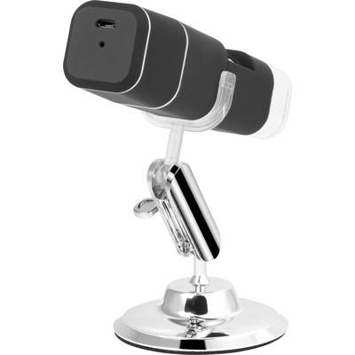 Schwarze Webcam auf einem silbernen Ständer mit USB-Anschluss, in Seitenansicht gezeigt.