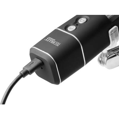 Ein schwarzes technisches Gerät mit USB-Kabelanschluss. Oben befinden sich zwei Tasten und eine LED-Leuchte.