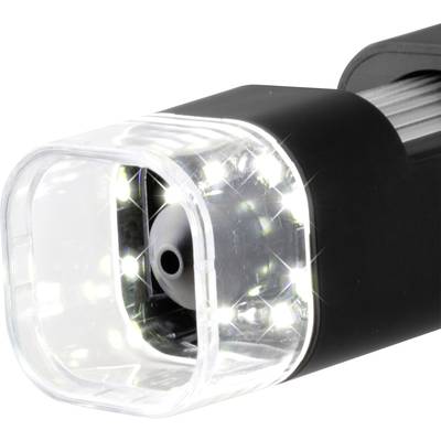 Elektrische Zahnbürste mit beleuchtetem Kopf: Weiße LEDs leuchten um einen zentralen Bürstenaufsatz, transparentes Kunststoffgehäuse.