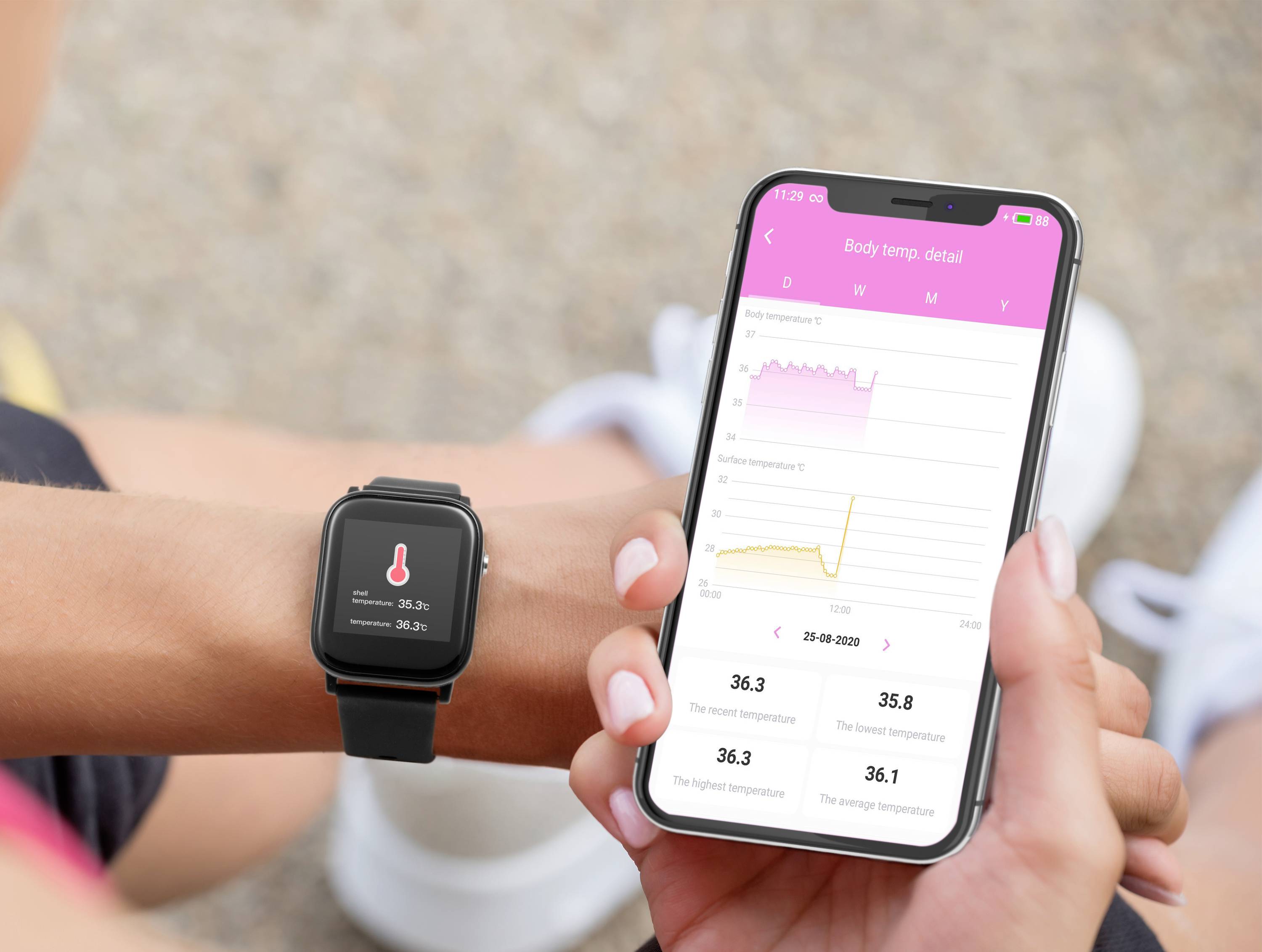 Eine Person hält ein Smartphone, das eine App mit einem Temperaturdiagramm anzeigt. Am Handgelenk trägt sie eine Smartwatch mit Temperaturmessung.