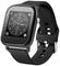 Smartwatch mit schwarzem Armband, zeigt analoge Uhrzeit mit drei Zeigern und zusätzlichen Symbolen auf dem Bildschirm.