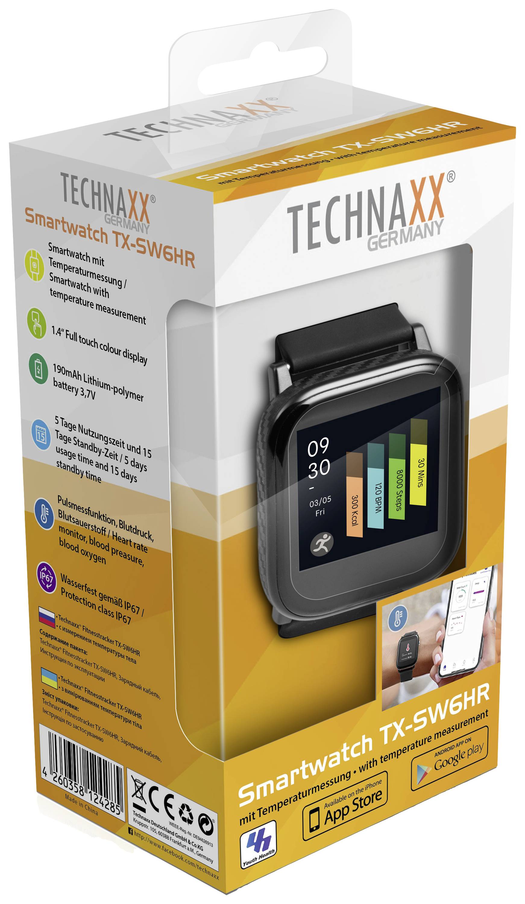 Verpackung einer Smartwatch von Technaxx, Modell TX-SW6HR. Enthält ein Bild der Uhr mit Aktivitätstrackern. Funktionen aufgelistet.