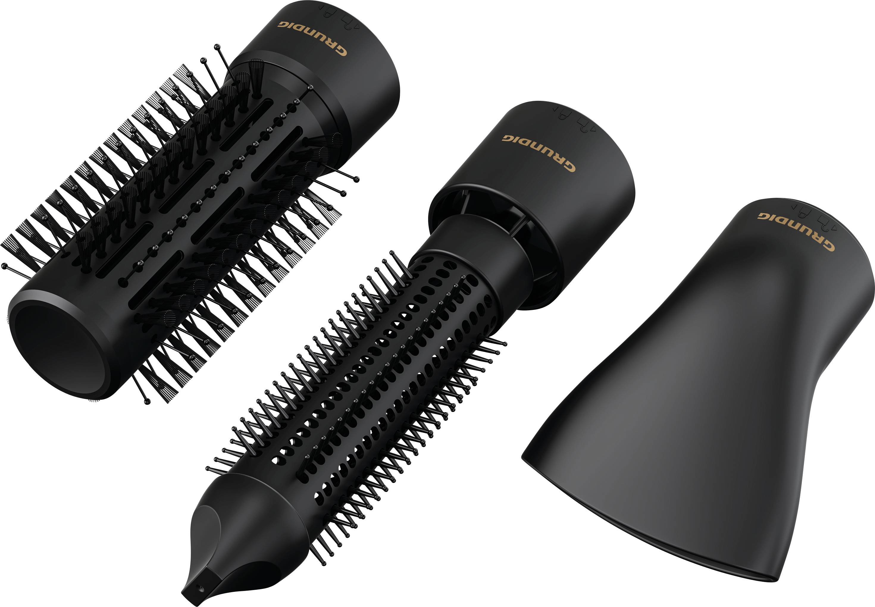 Drei verschiedene schwarze Haarstyling-Aufsätze: eine runde Bürste, eine schmale Bürste und ein Föhnaufsatz, alle mit Markenlogo.