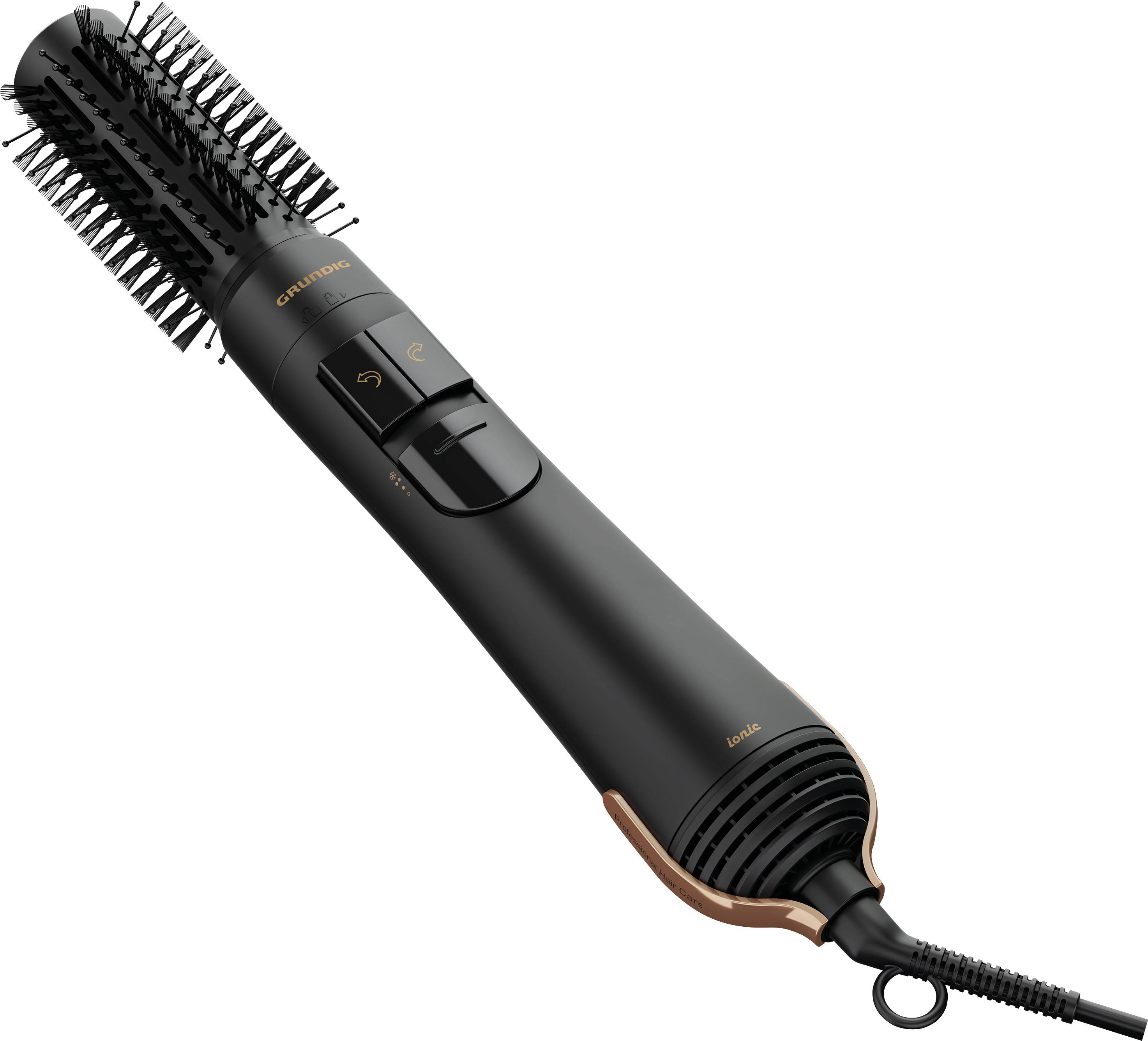 Schwarzer elektrischer Lockenstab mit rotierenden Borsten, Temperaturregler und rutschfestem Griff, ideal zum Stylen von Haaren.