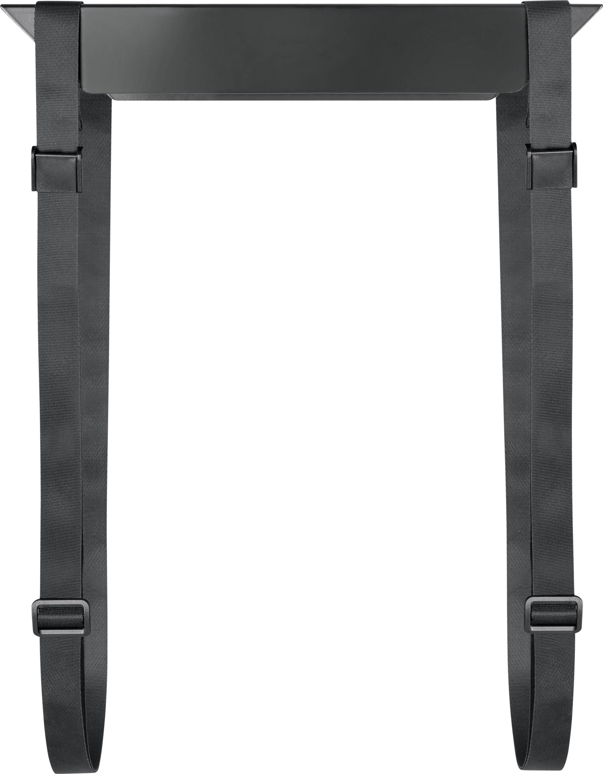 Das Bild zeigt eine schwarze Halterung mit zwei verstellbaren Gurten, die für die Befestigung an einem Fahrrad oder Kinderwagen gedacht ist.