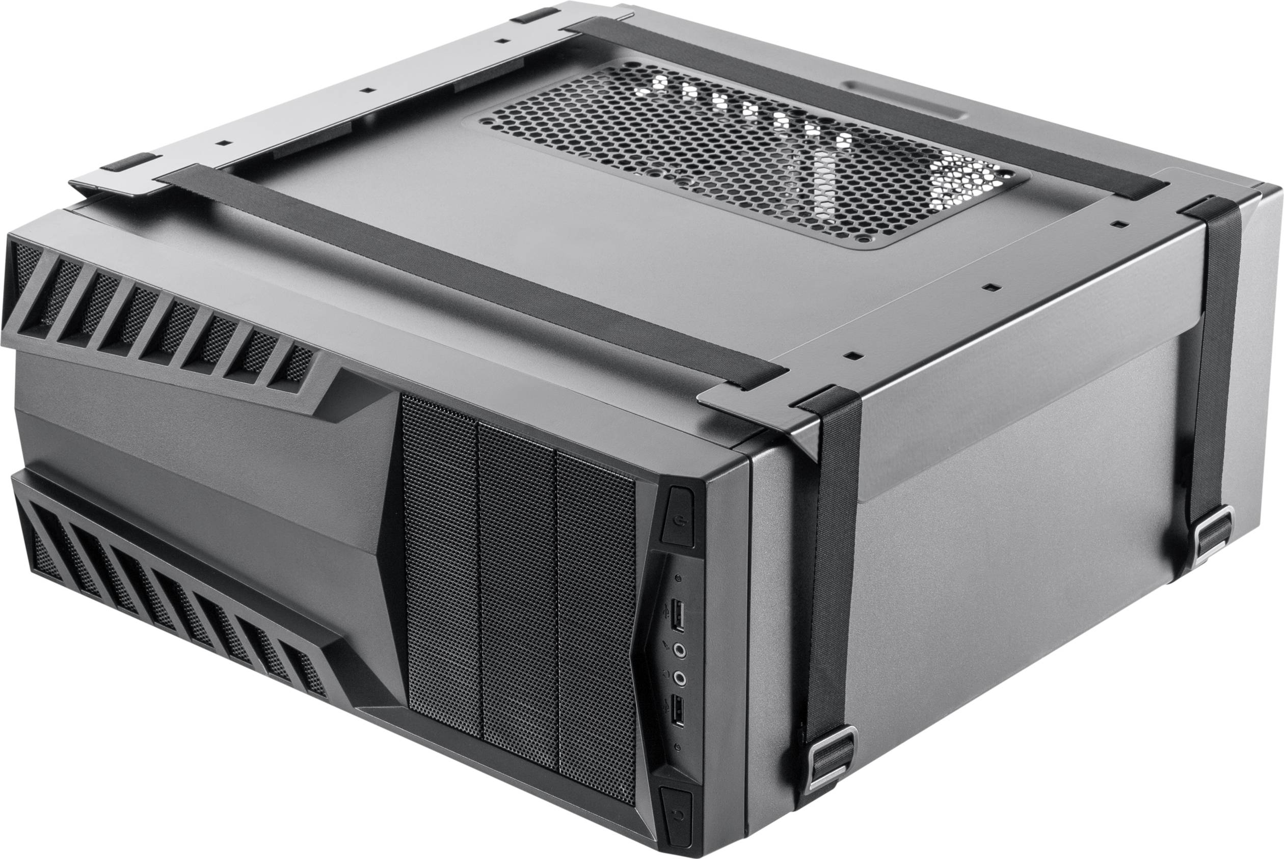 Ein schwarzes, rechteckiges Computergehäuse mit Belüftungsgitter oben und mehreren Anschlüssen an der Vorderseite.