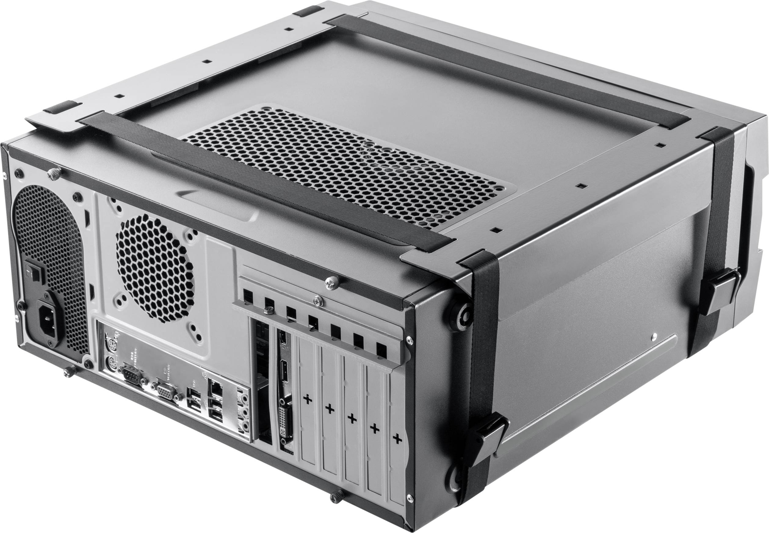 Schwarzes Computergehäuse mit Lüftungsschlitzen, mehreren Anschlüssen und Erweiterungsslots auf der Rückseite. Geeignet für robuste Umgebungen.