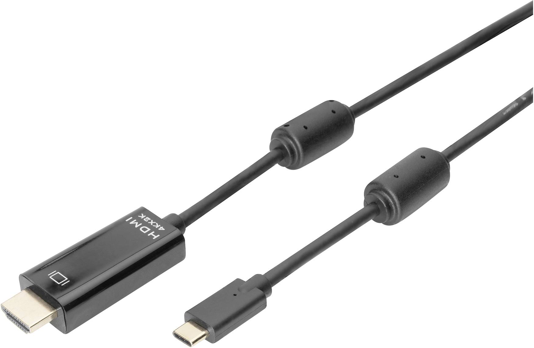 Ein schwarzes Kabel mit einem HDMI-Stecker an einem Ende und einem USB-C-Stecker am anderen Ende, geeignet für Datenübertragung.
