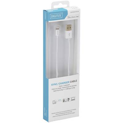 'Digitus' Daten-/Ladekabel für Apple-Geräte, 1 Meter lang, USB-A auf Lightning-Anschluss, geeignet für iPod, iPhone, iPad. Verpackung zeigt Kabeldesign.