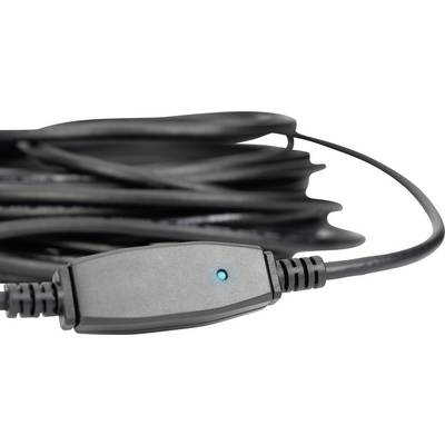 Schwarzes Kabel mit Stecker und blau leuchtender LED-Anzeige, steht für angeschlossene Elektronik oder aktive Verbindung.